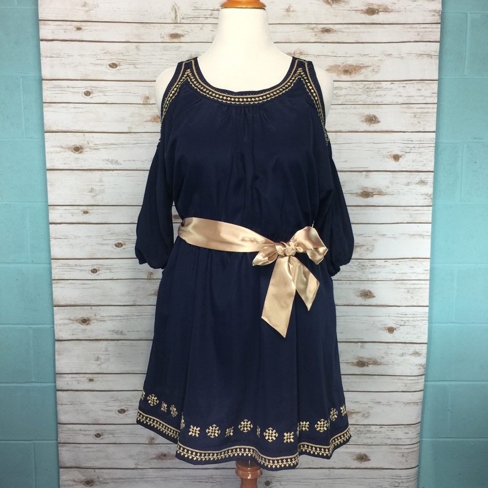 Boho Cold Shoulder Tunic Dress Navy Tan Size Large